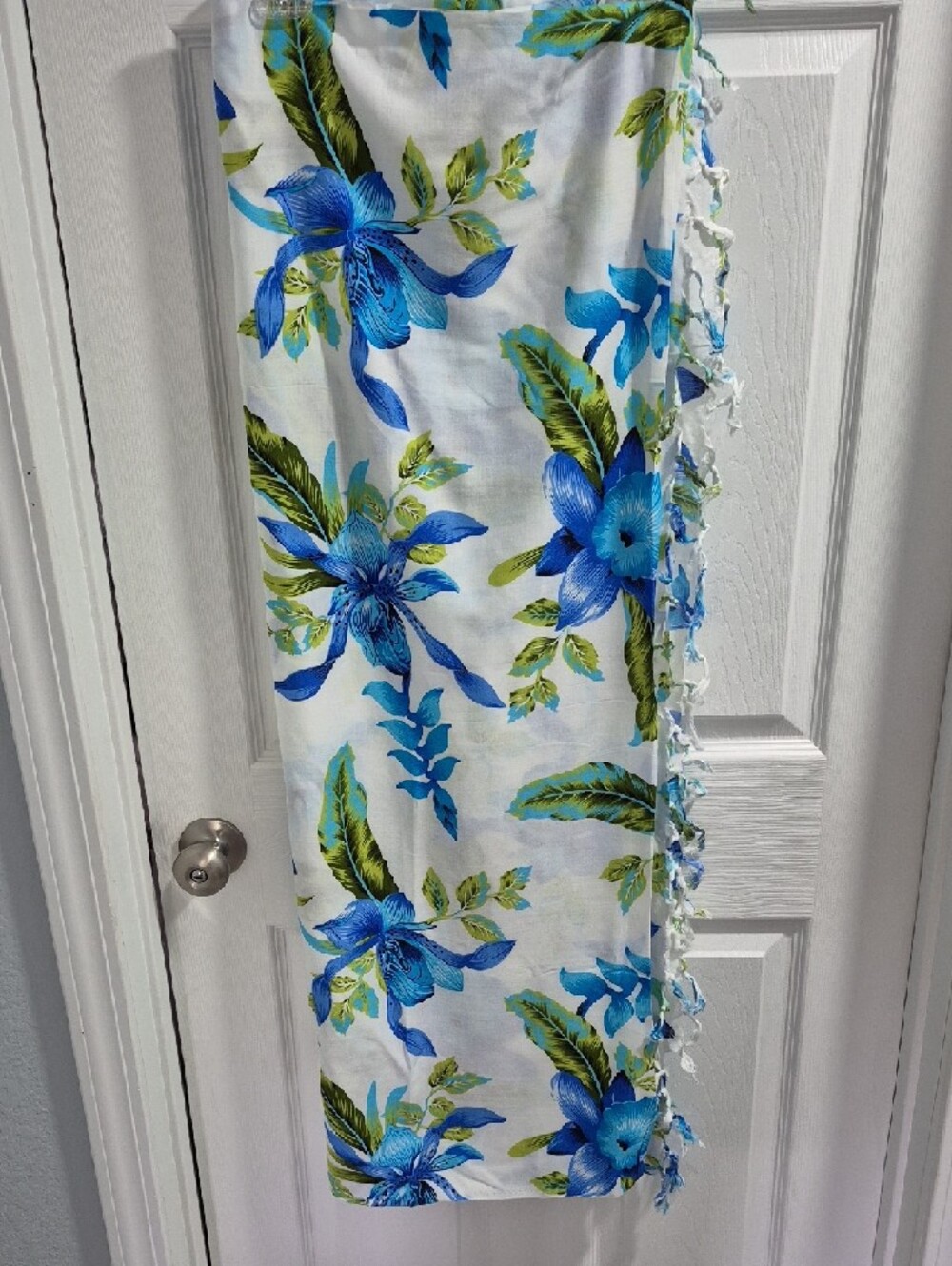 White Swim Coverup with Blue Floral Print - Picture 3 of 3
